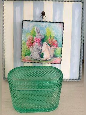 Green Hobnail Glass Jewelry Box / Trinket Box | Vintage Style Vanity Decor